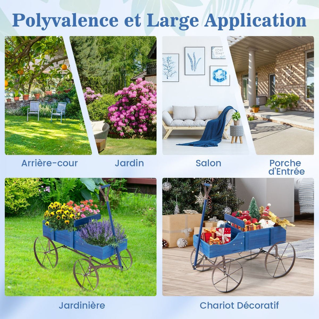 Brouette Décorative En Bois Avec 2 Compartiments À Planter Roues Métalliques Poignée Charge 15Kg Pour Cour Bleu/Café/Gris/Rouge/Vert