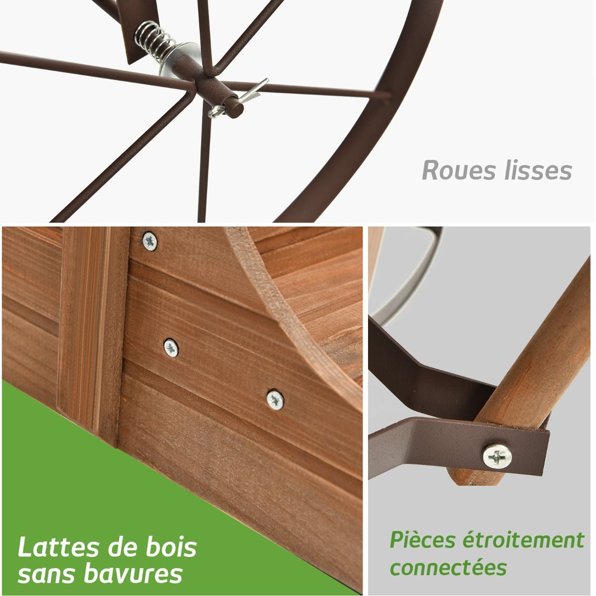 Brouette Décorative En Bois Avec 2 Compartiments À Planter Roues Métalliques Poignée Charge 15Kg Pour Cour Bleu/Café/Gris/Rouge/Vert