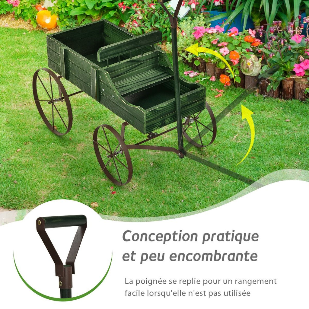 Brouette Décorative En Bois Avec 2 Compartiments À Planter Roues Métalliques Poignée Charge 15Kg Pour Cour Bleu/Café/Gris/Rouge/Vert