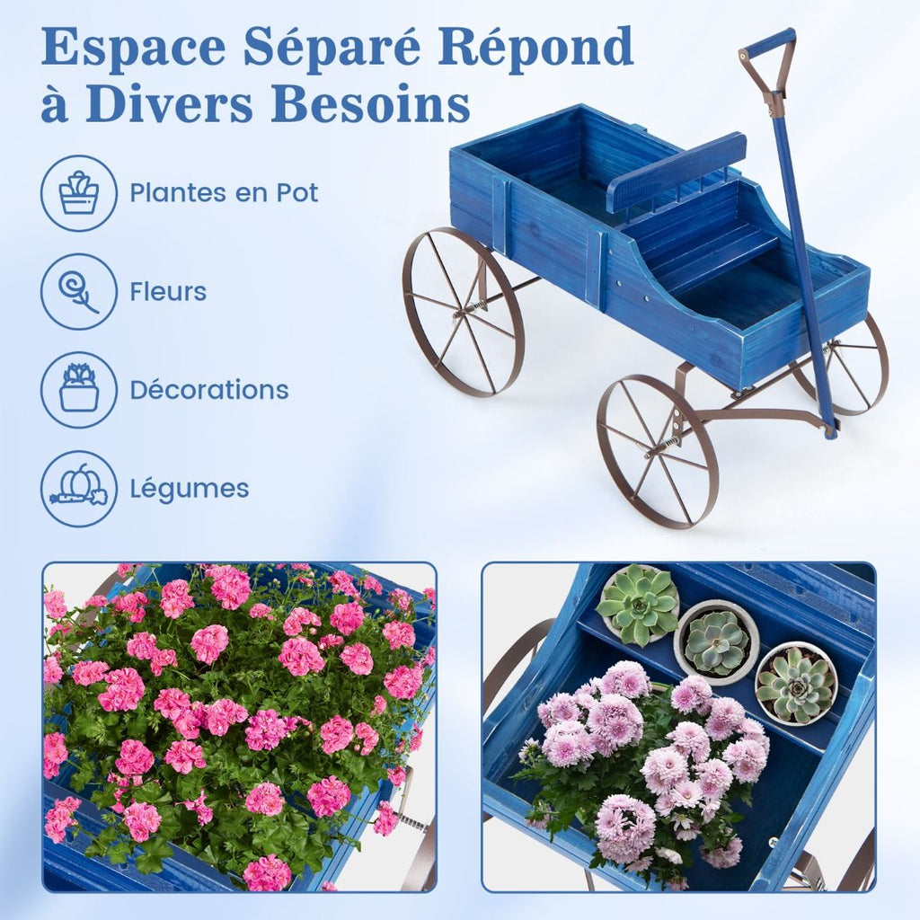 Brouette Décorative En Bois Avec 2 Compartiments À Planter Roues Métalliques Poignée Charge 15Kg Pour Cour Bleu/Café/Gris/Rouge/Vert