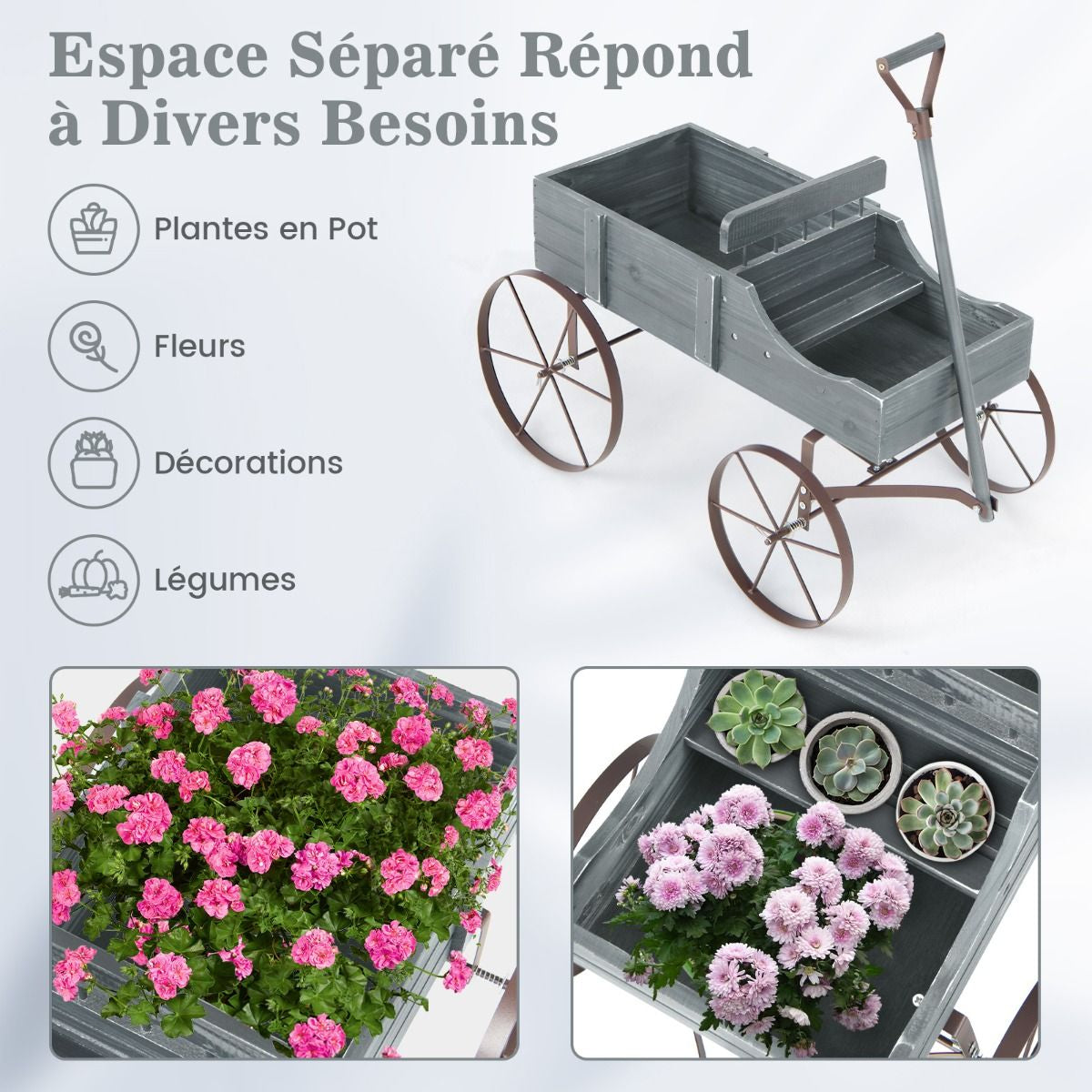 Brouette Décorative En Bois Avec 2 Compartiments À Planter Roues Métalliques Poignée Charge 15Kg Pour Cour Bleu/Café/Gris/Rouge/Vert